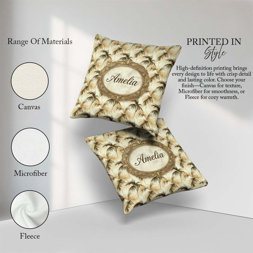Custom Name Neutral Palm Leaf Silhouette in Soft Beige and Brown Square Filled Cushion Throw Pillow Sofa Bed Home Decor Zip Washable UK Made