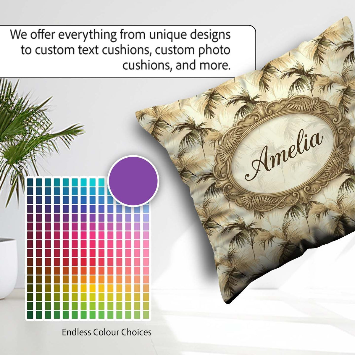 Custom Name Neutral Palm Leaf Silhouette in Soft Beige and Brown Square Filled Cushion Throw Pillow Sofa Bed Home Decor Zip Washable UK Made