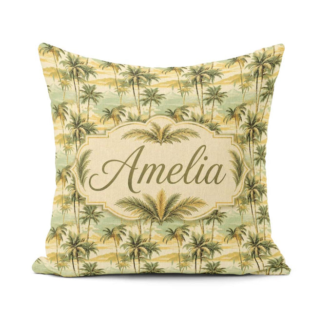Custom Name Tropical Coastal Landscape with Palm Trees and Ocean Square Filled Cushion Throw Pillow Sofa Bed Home Decor Zip Washable UK Made