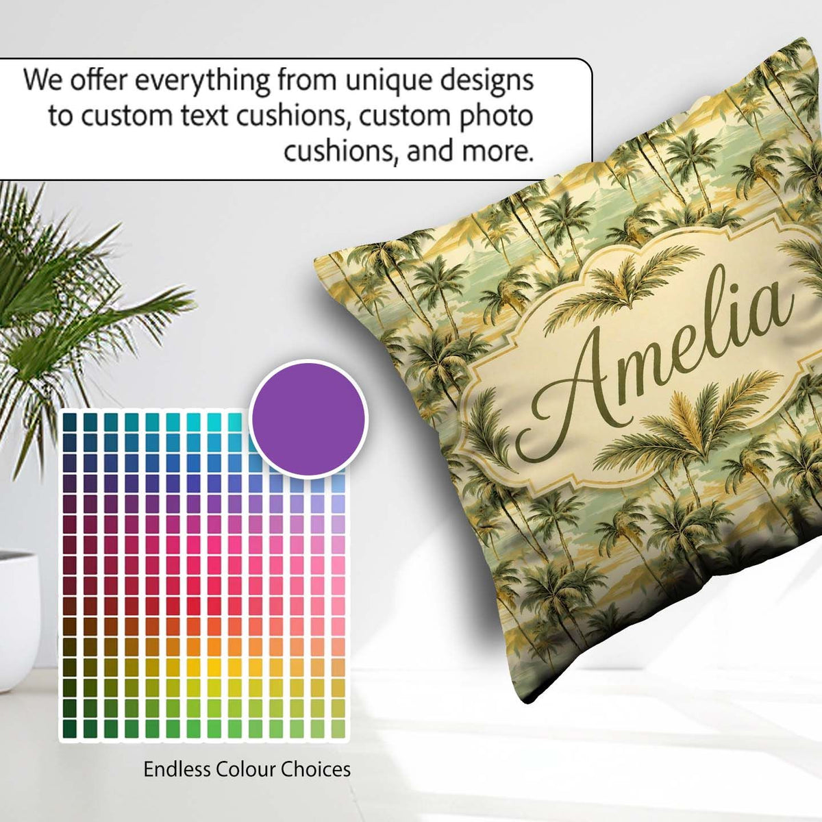 Custom Name Tropical Coastal Landscape with Palm Trees and Ocean Square Filled Cushion Throw Pillow Sofa Bed Home Decor Zip Washable UK Made