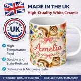 Personalized Custom Name Watercolor Chipmunk Wildflower Botanical Seamless Pattern Lovely 11oz Ceramic Coffee Tea Mug White Large Handle