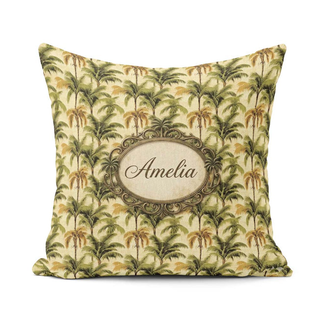 Custom Name Classic Palm Tree Repeat in Olive and Tones on Beige Square Filled Cushion Throw Pillow Sofa Bed Home Decor Zip Washable UK Made