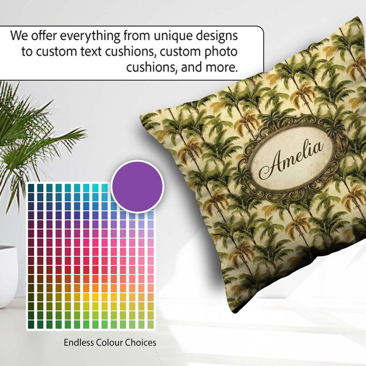 Custom Name Classic Palm Tree Repeat in Olive and Tones on Beige Square Filled Cushion Throw Pillow Sofa Bed Home Decor Zip Washable UK Made
