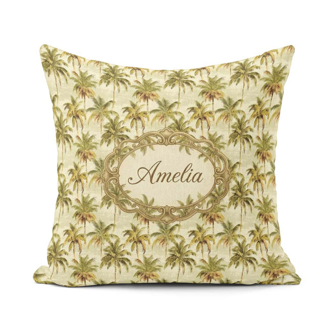 Custom Name Soft Palm Tree in Muted Green and Beige Tones Lovely Square Filled Cushion Throw Pillow Sofa Bed Home Decor Zip Washable UK Made