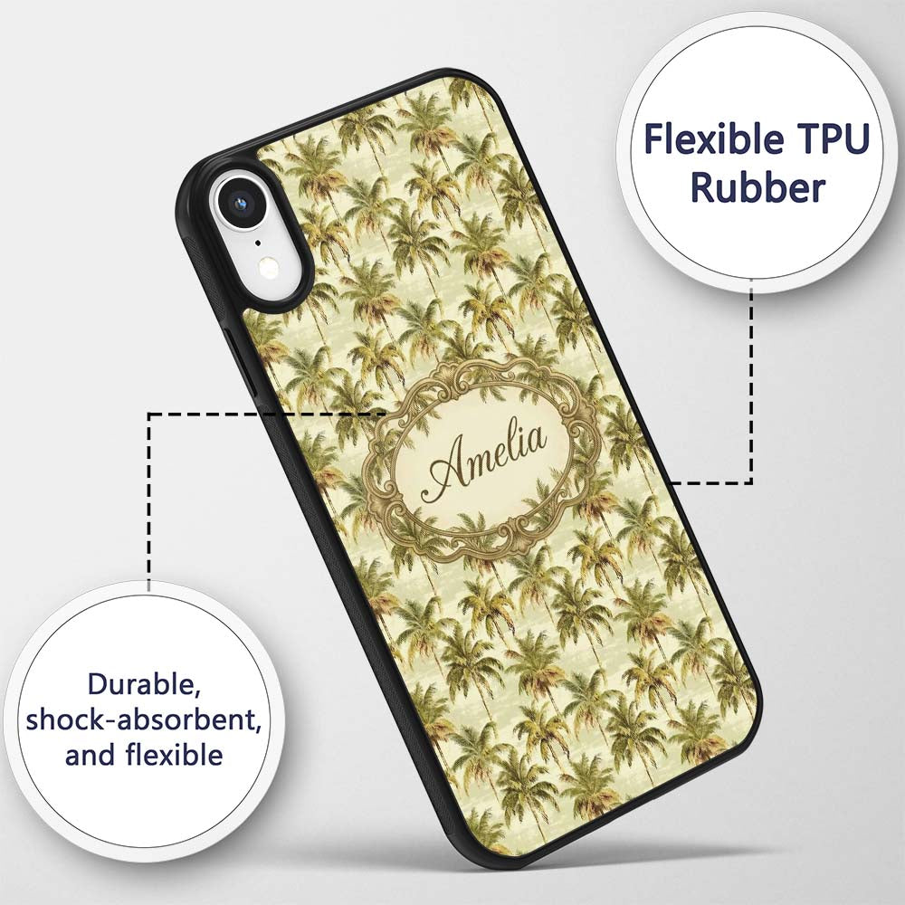 Soft Coastal Palm Tree Pattern in Muted Green and Custom Name Protective Phone Case Mobile Cover Durable Everyday Smartphone Shock Resistant