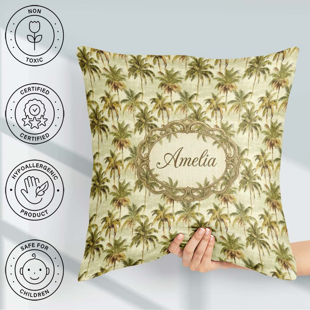 Custom Name Soft Palm Tree in Muted Green and Beige Tones Lovely Square Filled Cushion Throw Pillow Sofa Bed Home Decor Zip Washable UK Made
