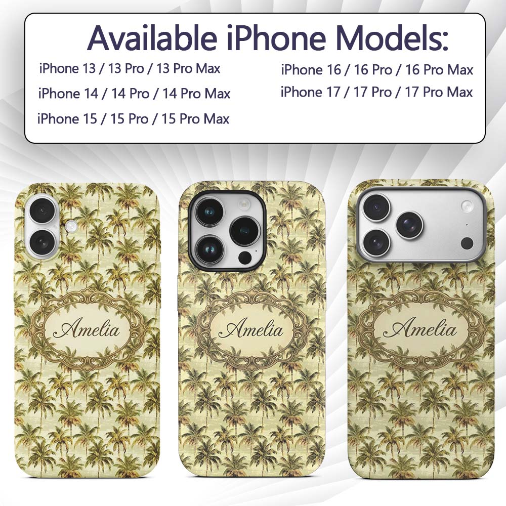 Soft Coastal Palm Tree Pattern in Muted Green and Custom Name Protective Phone Case Mobile Cover Durable Everyday Smartphone Shock Resistant
