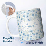 Personalized Custom Name Light Blue Daisy Style Floral Seamless Pattern Thoughtful Gift Idea 11oz Ceramic Coffee Tea Mug White Large Handle