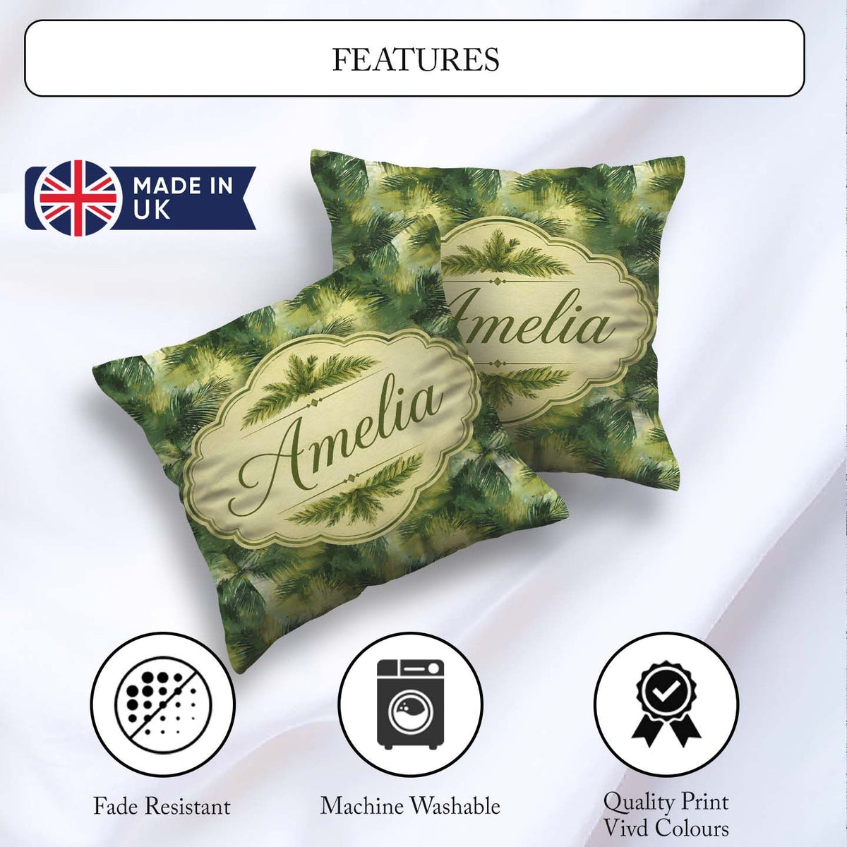 Custom Name Abstract Green Tropical Palm Leaf Brushstroke Lovely Square Filled Cushion Throw Pillow Sofa Bed Home Decor Zip Washable UK Made