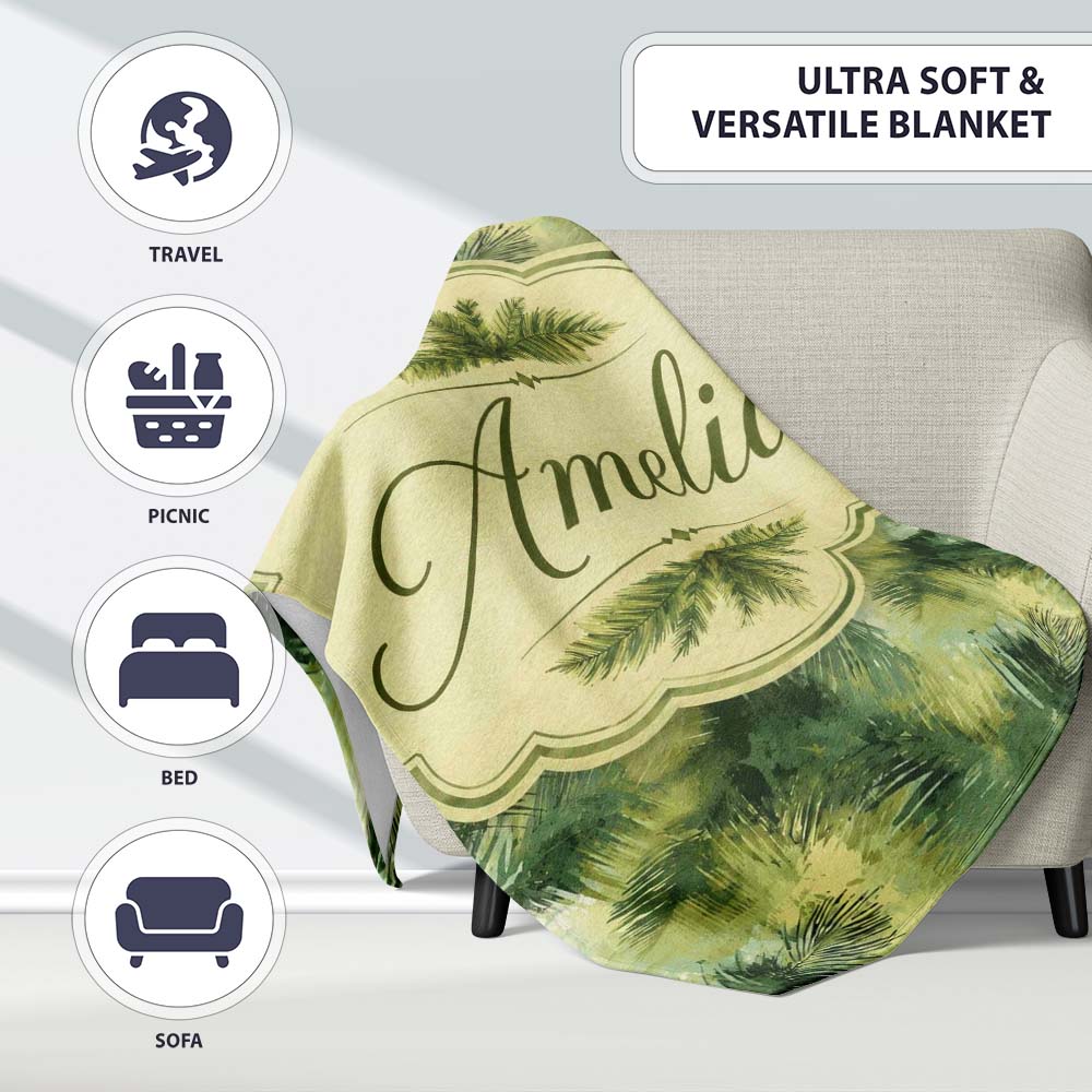 Abstract Green Tropical Palm Leaf Brushstroke Pattern Lovely  Personalised Custom Name Super Soft Fleece Blanket Bed Sofa Throw