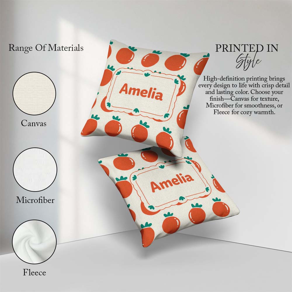 Custom Name Cute Tomato Cartoon Pattern Minimal Design Gift Idea Square Filled Cushion Throw Pillow Sofa Bed Home Decor Zip Washable UK Made