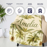 Vintage Style Palm Tree Landscape Pattern in Soft Green and Beige  Personalised Custom Name Super Soft Fleece Blanket Bed Sofa Throw