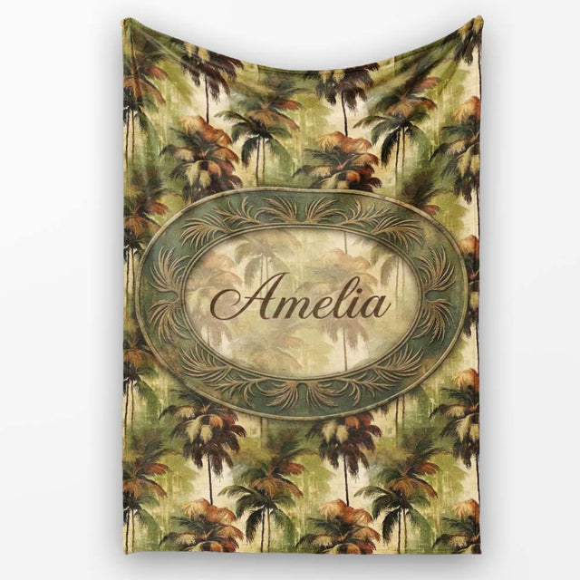 Tropical Palm Tree Pattern in Warm Brown and Green Earthy Tones  Personalised Custom Name Super Soft Fleece Blanket Bed Sofa Throw