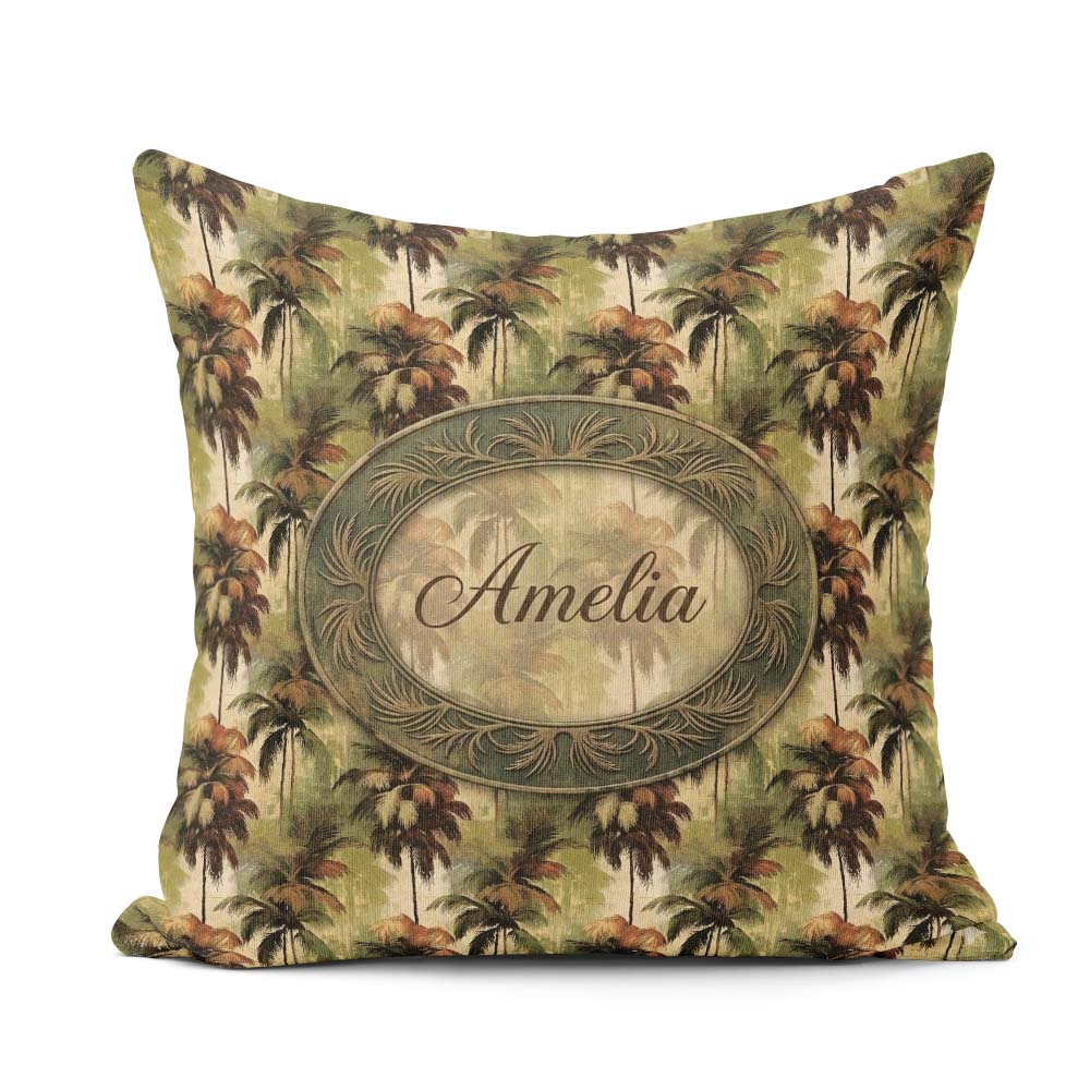 Custom Name Tropical Palm Tree Pattern in Brown and Green Earthy Square Filled Cushion Throw Pillow Sofa Bed Home Decor Zip Washable UK Made
