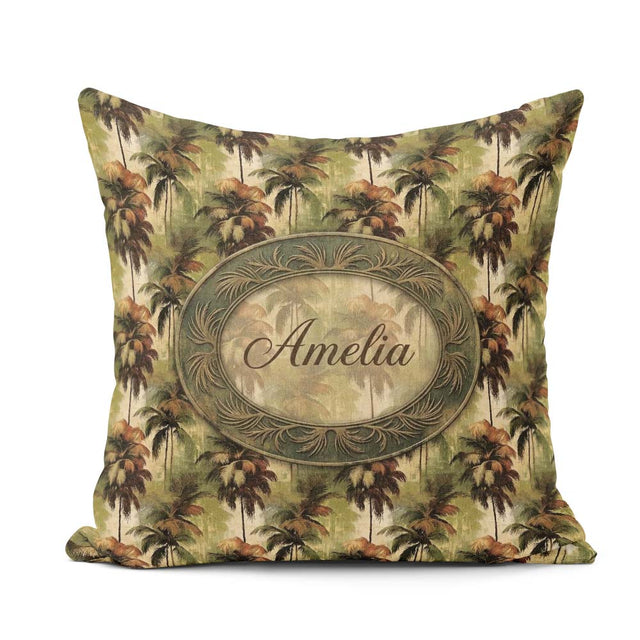 Custom Name Tropical Palm Tree Pattern in Brown and Green Earthy Square Filled Cushion Throw Pillow Sofa Bed Home Decor Zip Washable UK Made