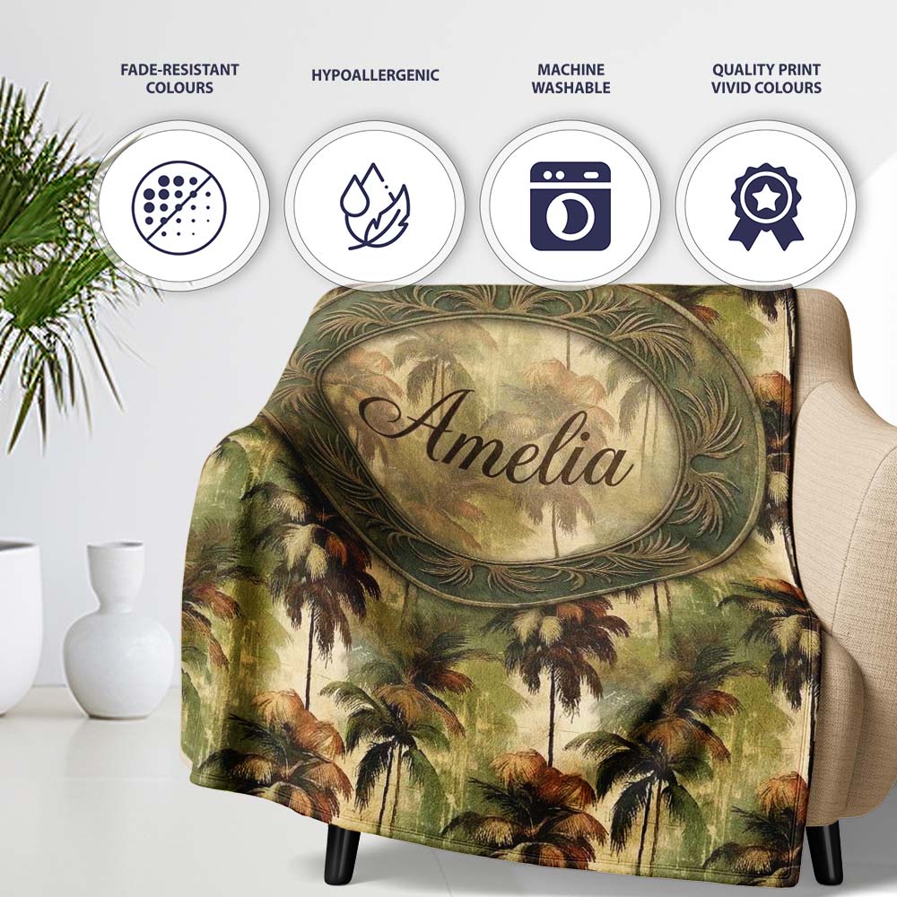 Tropical Palm Tree Pattern in Warm Brown and Green Earthy Tones  Personalised Custom Name Super Soft Fleece Blanket Bed Sofa Throw