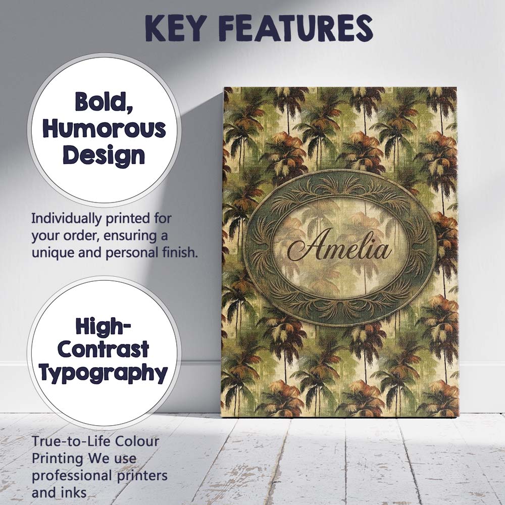Personalised Name Tropical Palm Tree Custom Premium Decorative Design Modern Room Accent Canvas Wall Art Print Decor Picture Ready to Hang