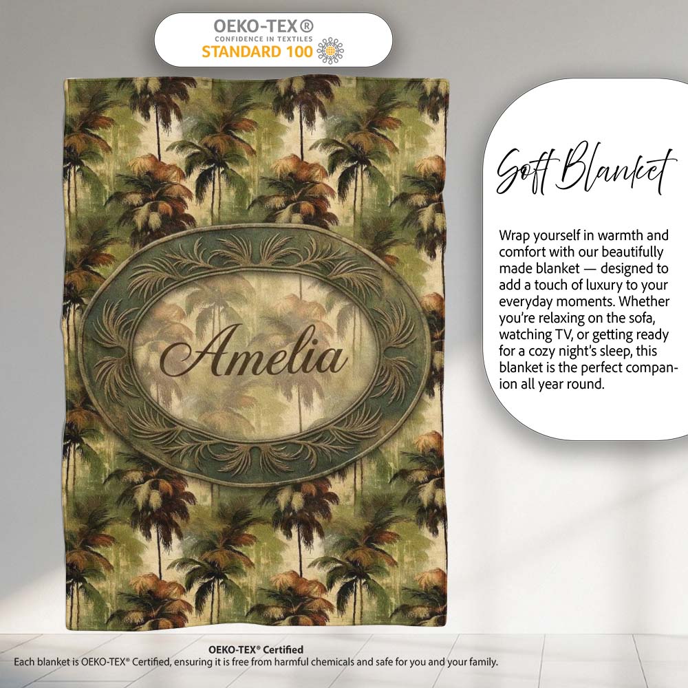 Tropical Palm Tree Pattern in Warm Brown and Green Earthy Tones  Personalised Custom Name Super Soft Fleece Blanket Bed Sofa Throw