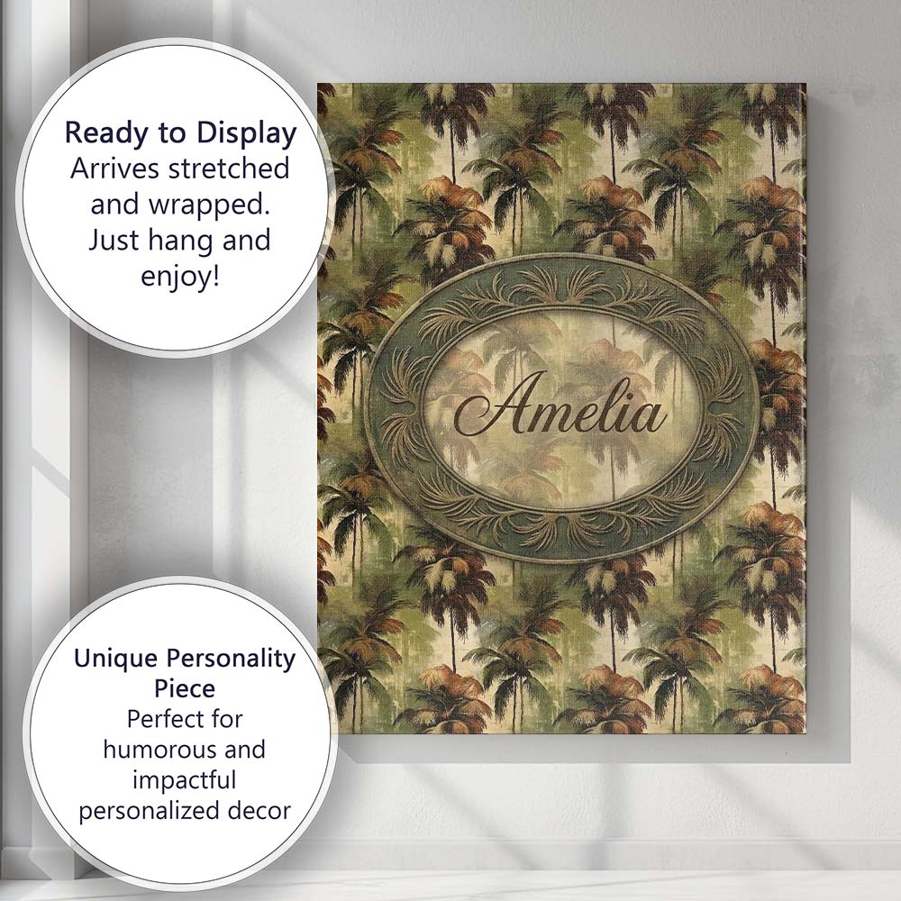 Personalised Name Tropical Palm Tree Custom Premium Decorative Design Modern Room Accent Canvas Wall Art Print Decor Picture Ready to Hang