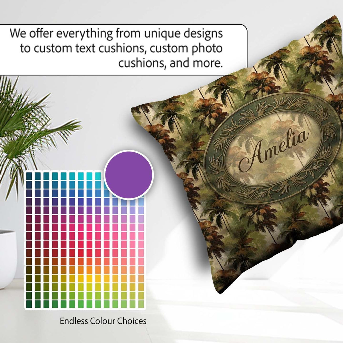 Custom Name Tropical Palm Tree Pattern in Brown and Green Earthy Square Filled Cushion Throw Pillow Sofa Bed Home Decor Zip Washable UK Made