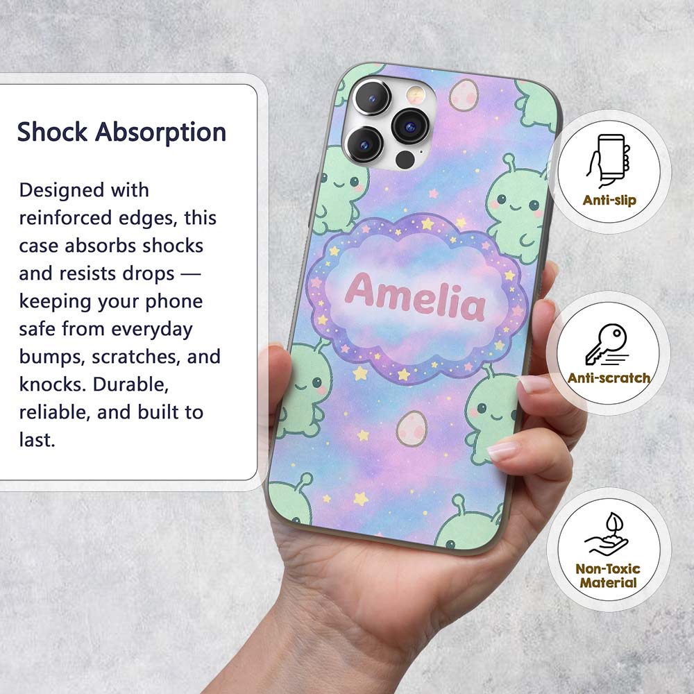 Cute Alien Space Cartoon Animal Pattern Cute Custom Name Protective Phone Case Mobile Cover Durable Everyday Smartphone Shock Resistant
