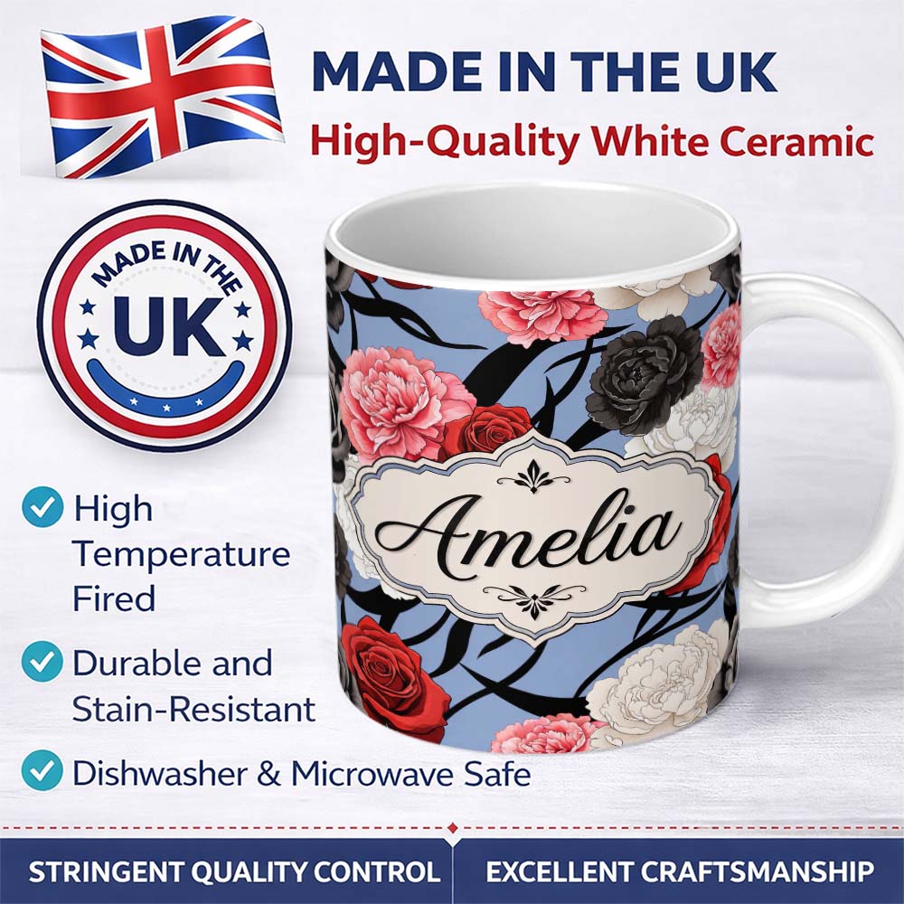 Personalized Custom Name Elegant Rose Floral with Black Red and White Flowers on Dusty Blue 11oz Ceramic Coffee Tea Mug White Large Handle