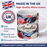 Personalized Custom Name Elegant Rose Floral with Black Red and White Flowers on Dusty Blue 11oz Ceramic Coffee Tea Mug White Large Handle