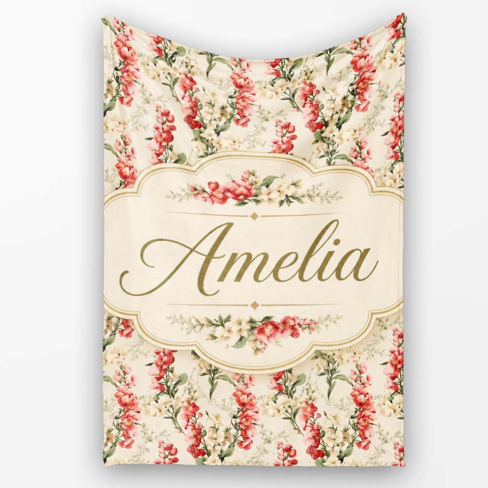 Pink and Cream Floral Trail Light Neutral Background Romantic Lovely  Personalised Custom Name Super Soft Fleece Blanket Bed Sofa Throw