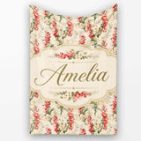 Pink and Cream Floral Trail Light Neutral Background Romantic Lovely  Personalised Custom Name Super Soft Fleece Blanket Bed Sofa Throw