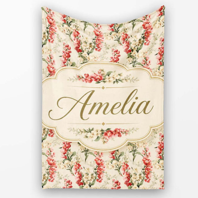 Pink and Cream Floral Trail Light Neutral Background Romantic Lovely  Personalised Custom Name Super Soft Fleece Blanket Bed Sofa Throw