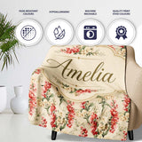 Pink and Cream Floral Trail Light Neutral Background Romantic Lovely  Personalised Custom Name Super Soft Fleece Blanket Bed Sofa Throw