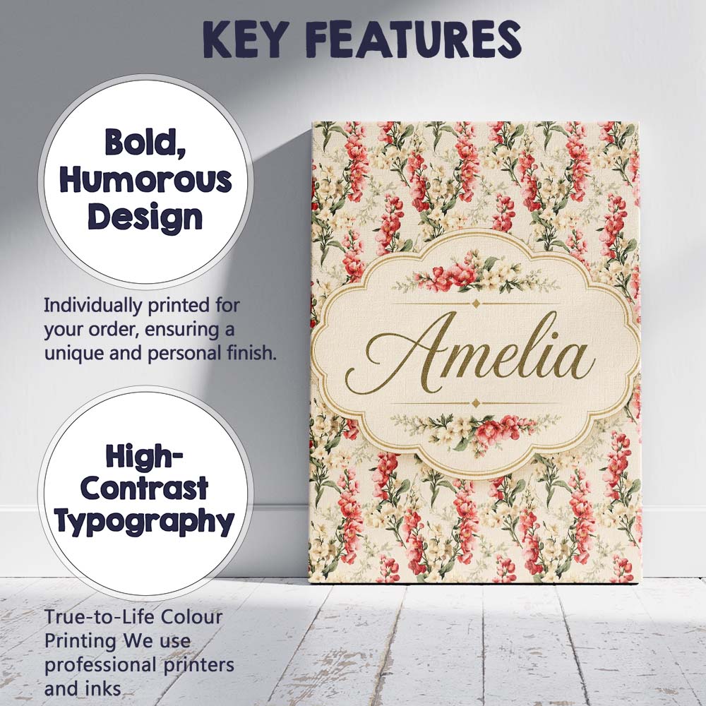 Personalised Name Pink and Cream Floral Custom  Modern Room Accent Elegant Feature Canvas Wall Art Print Decor Picture Ready to Hang