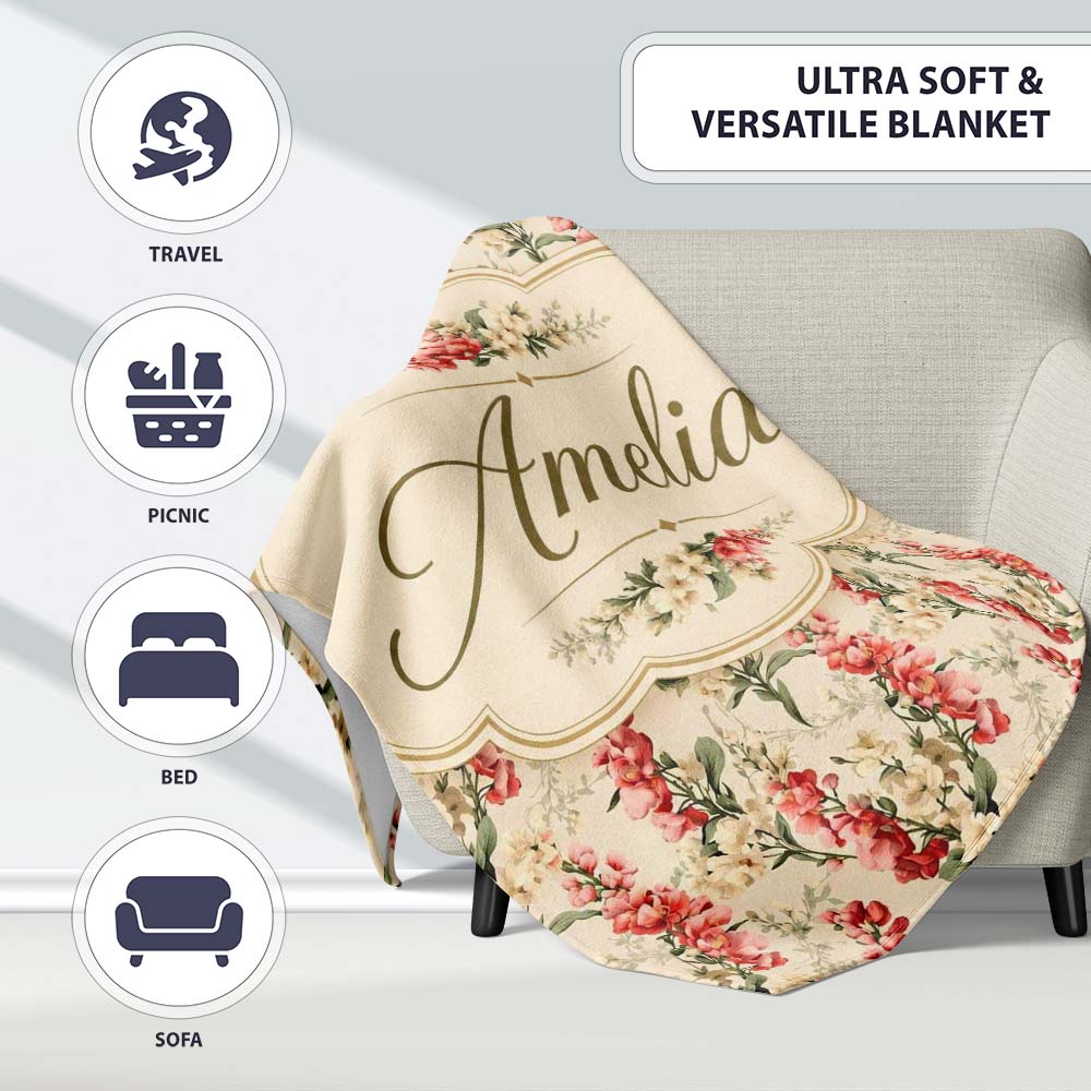 Pink and Cream Floral Trail Light Neutral Background Romantic Lovely  Personalised Custom Name Super Soft Fleece Blanket Bed Sofa Throw