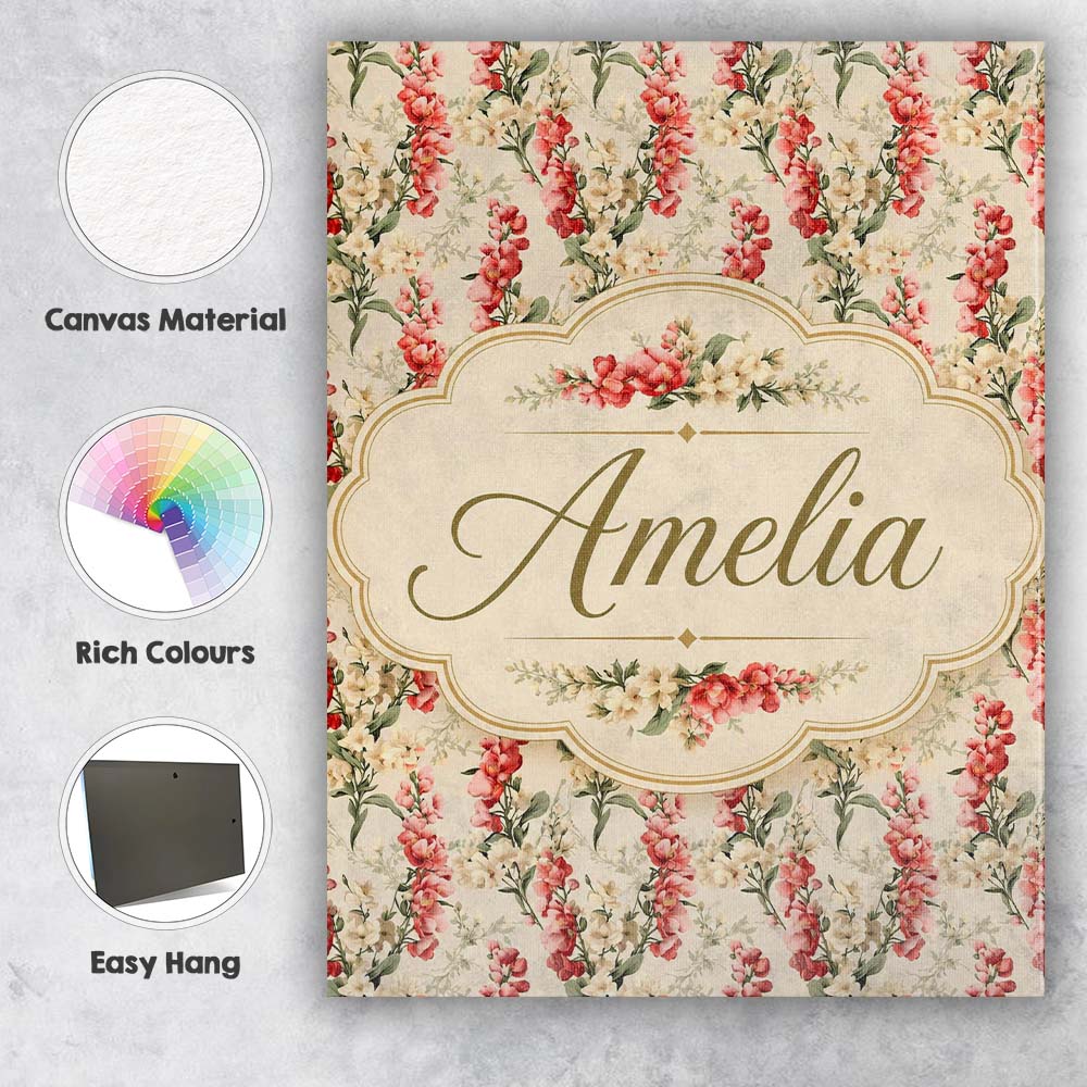 Personalised Name Pink and Cream Floral Custom  Modern Room Accent Elegant Feature Canvas Wall Art Print Decor Picture Ready to Hang