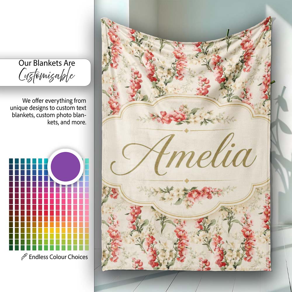 Pink and Cream Floral Trail Light Neutral Background Romantic Lovely  Personalised Custom Name Super Soft Fleece Blanket Bed Sofa Throw