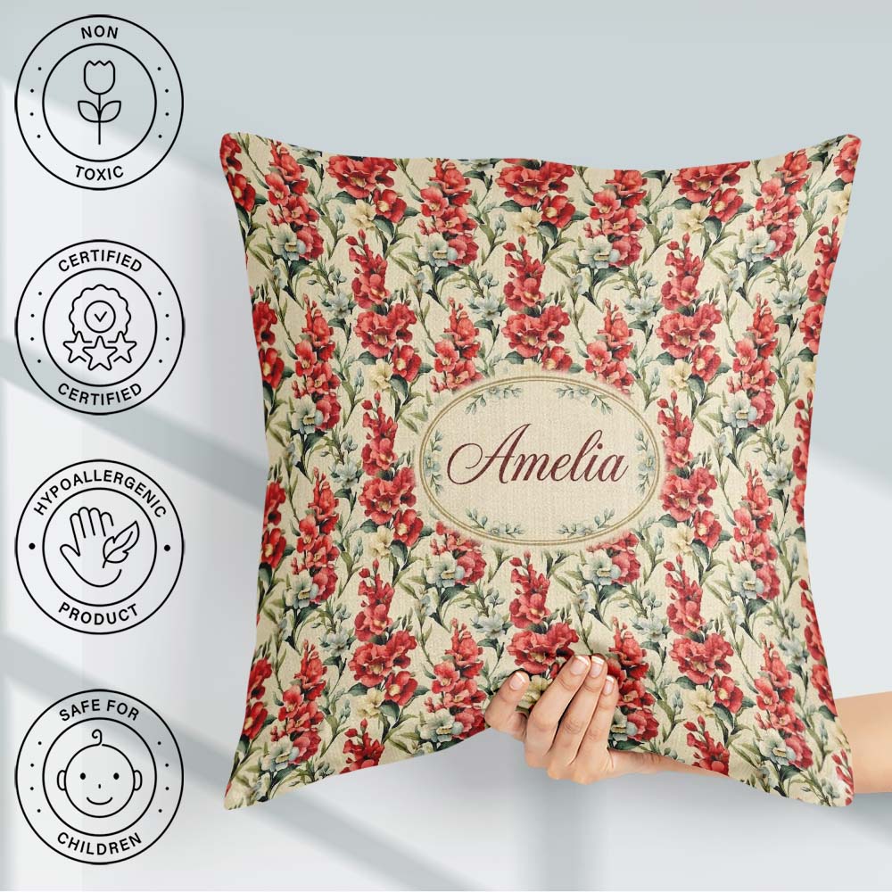 Custom Name Classic Red and Cream Floral Bouquet Pattern on Soft Square Filled Cushion Throw Pillow Sofa Bed Home Decor Zip Washable UK Made