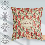 Custom Name Classic Red and Cream Floral Bouquet Pattern on Soft Square Filled Cushion Throw Pillow Sofa Bed Home Decor Zip Washable UK Made