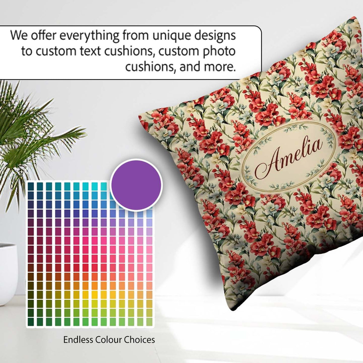 Custom Name Classic Red and Cream Floral Bouquet Pattern on Soft Square Filled Cushion Throw Pillow Sofa Bed Home Decor Zip Washable UK Made