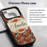 Vibrant Orange Floral Pattern on Teal Background Custom Name Protective Phone Case Mobile Cover Durable Everyday Smartphone Shock Resistant