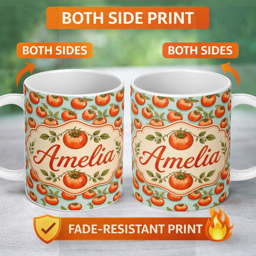 Personalized Custom Name Soft Orange Tomatoes on Light Blue Textured Background Seamless 11oz Ceramic Coffee Tea Mug White Large Handle