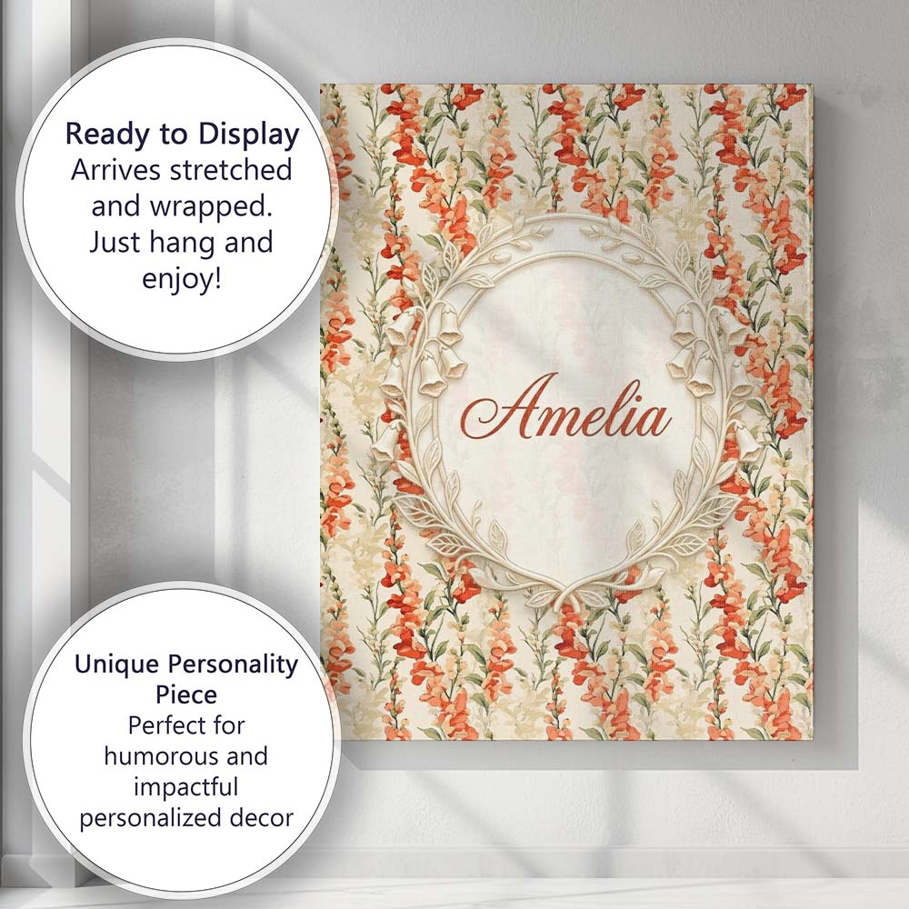 Personalised Name Warm Orange Floral Stripe Custom  Bespoke Interior Contemporary Canvas Wall Art Print Decor Picture Ready to Hang
