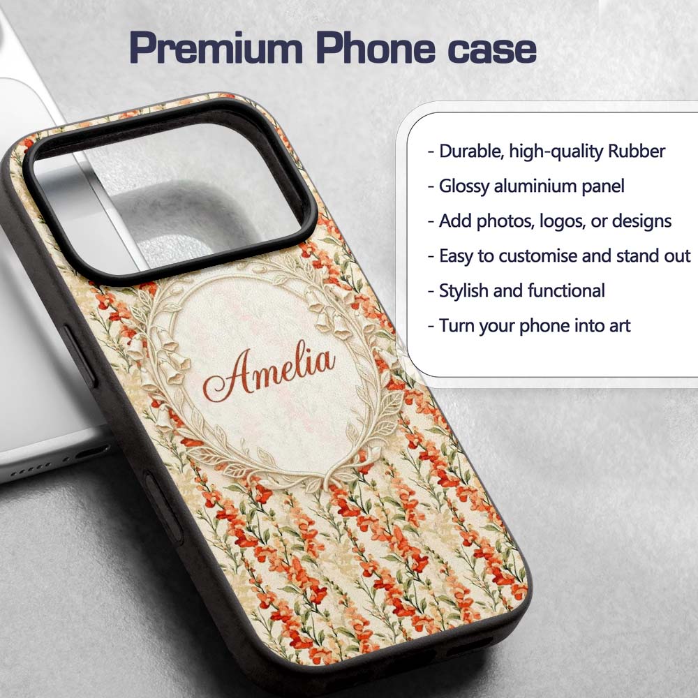 Warm Orange Floral Stripe Pattern Printed Design Custom Name Protective Phone Case Mobile Cover Durable Everyday Smartphone Shock Resistant