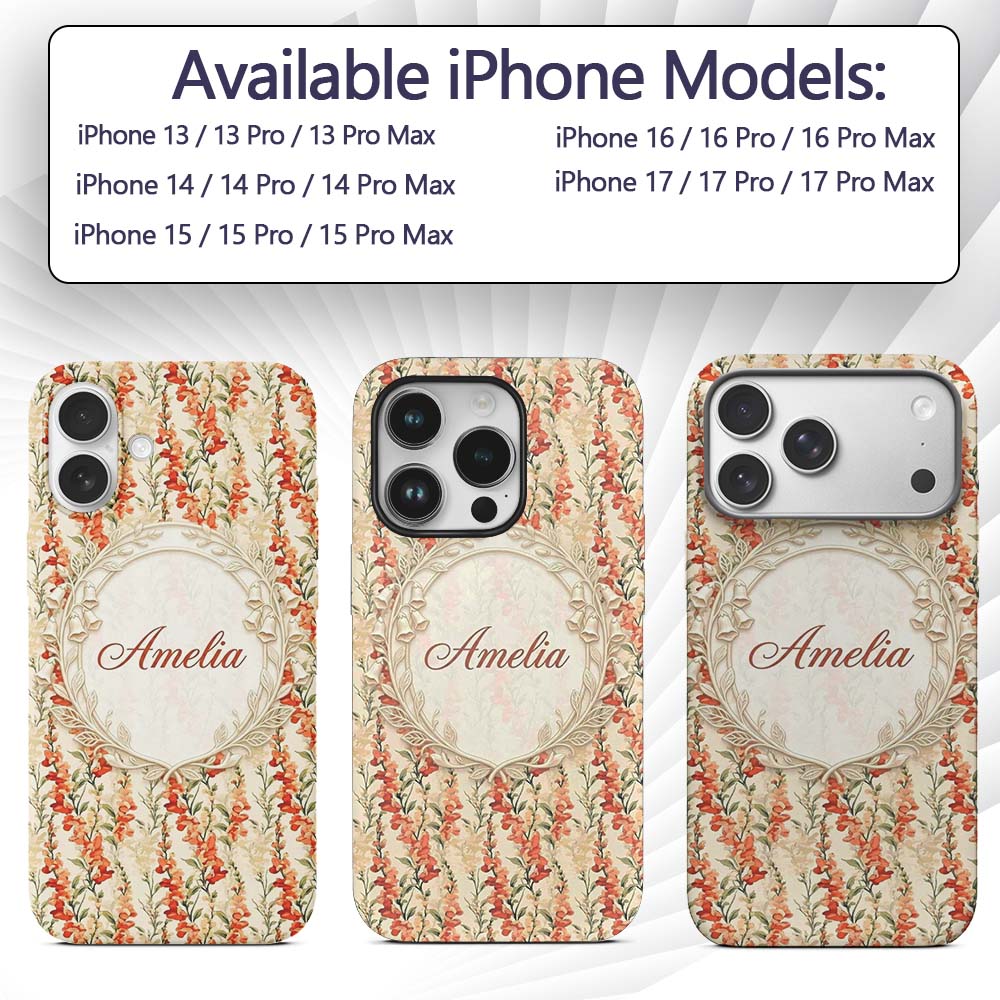 Warm Orange Floral Stripe Pattern Printed Design Custom Name Protective Phone Case Mobile Cover Durable Everyday Smartphone Shock Resistant