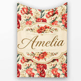 Bold Red Floral Pattern with Cream Blossoms on Light Background  Personalised Custom Name Super Soft Fleece Blanket Bed Sofa Throw