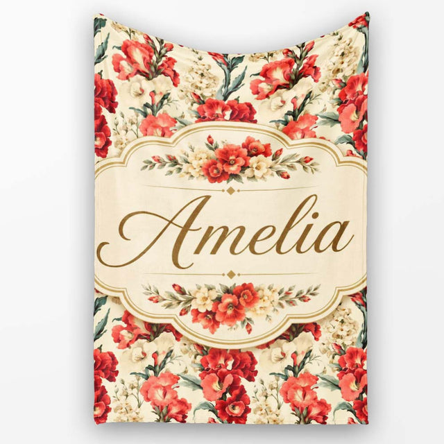 Bold Red Floral Pattern with Cream Blossoms on Light Background  Personalised Custom Name Super Soft Fleece Blanket Bed Sofa Throw
