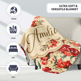 Bold Red Floral Pattern with Cream Blossoms on Light Background  Personalised Custom Name Super Soft Fleece Blanket Bed Sofa Throw