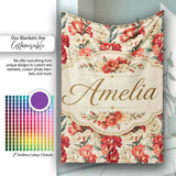 Bold Red Floral Pattern with Cream Blossoms on Light Background  Personalised Custom Name Super Soft Fleece Blanket Bed Sofa Throw