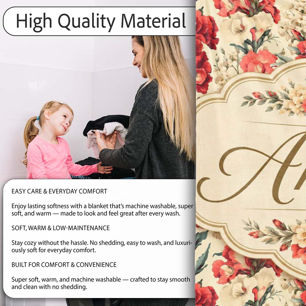 Bold Red Floral Pattern with Cream Blossoms on Light Background  Personalised Custom Name Super Soft Fleece Blanket Bed Sofa Throw