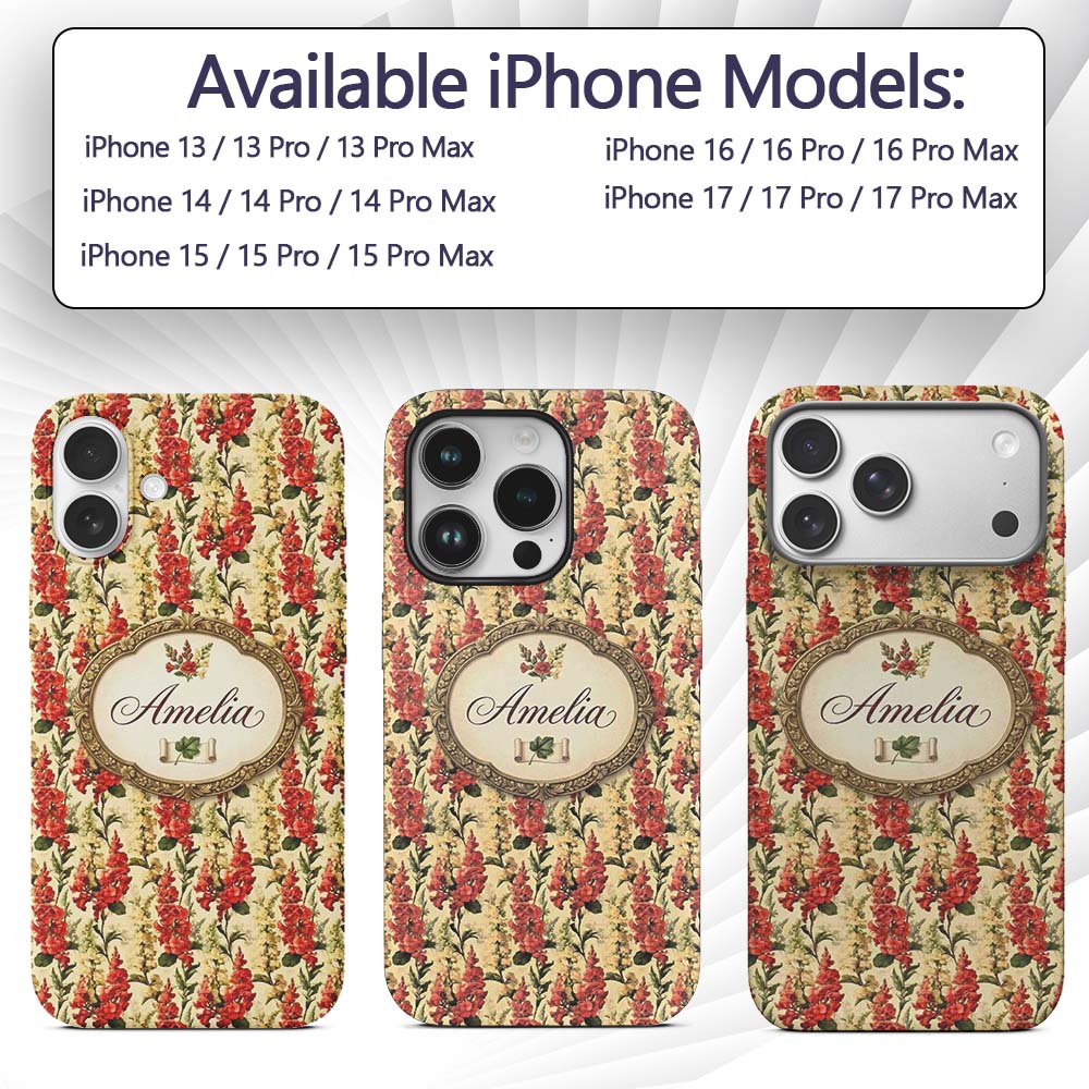 Classic Red Floral Stripe Pattern with Soft Cream Custom Name Protective Phone Case Mobile Cover Durable Everyday Smartphone Shock Resistant