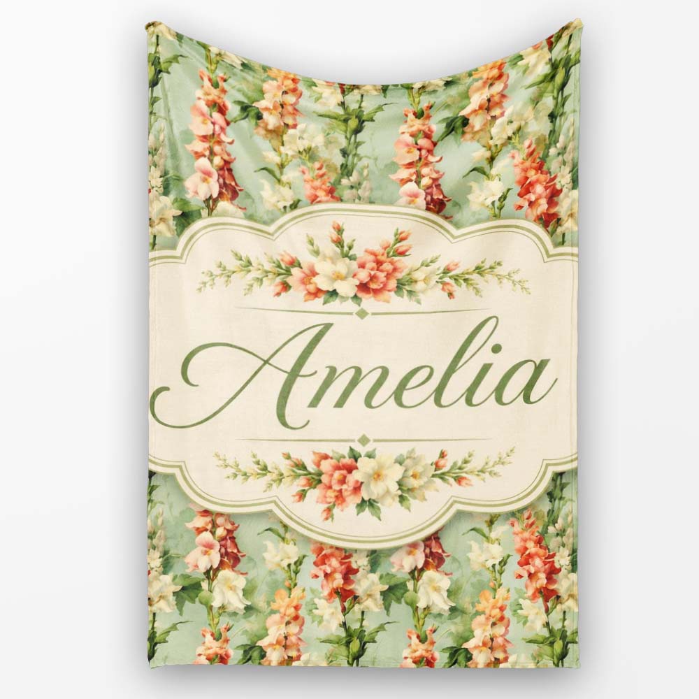 Soft Mint Green Floral Stripe Pattern with Peach and Cream Blossoms  Personalised Custom Name Super Soft Fleece Blanket Bed Sofa Throw